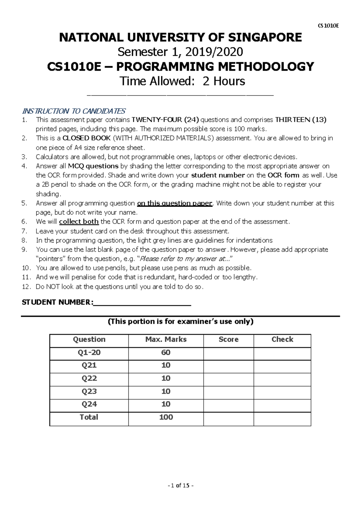 CS1010E Final Exam Paper - Programming Methodology (Semester 1) - Studocu