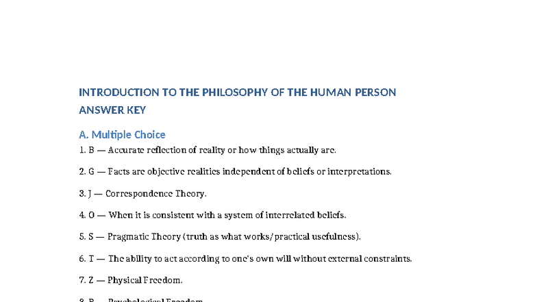 PHIL 101: Introduction to the Philosophy of the Human Person Answer Key ...