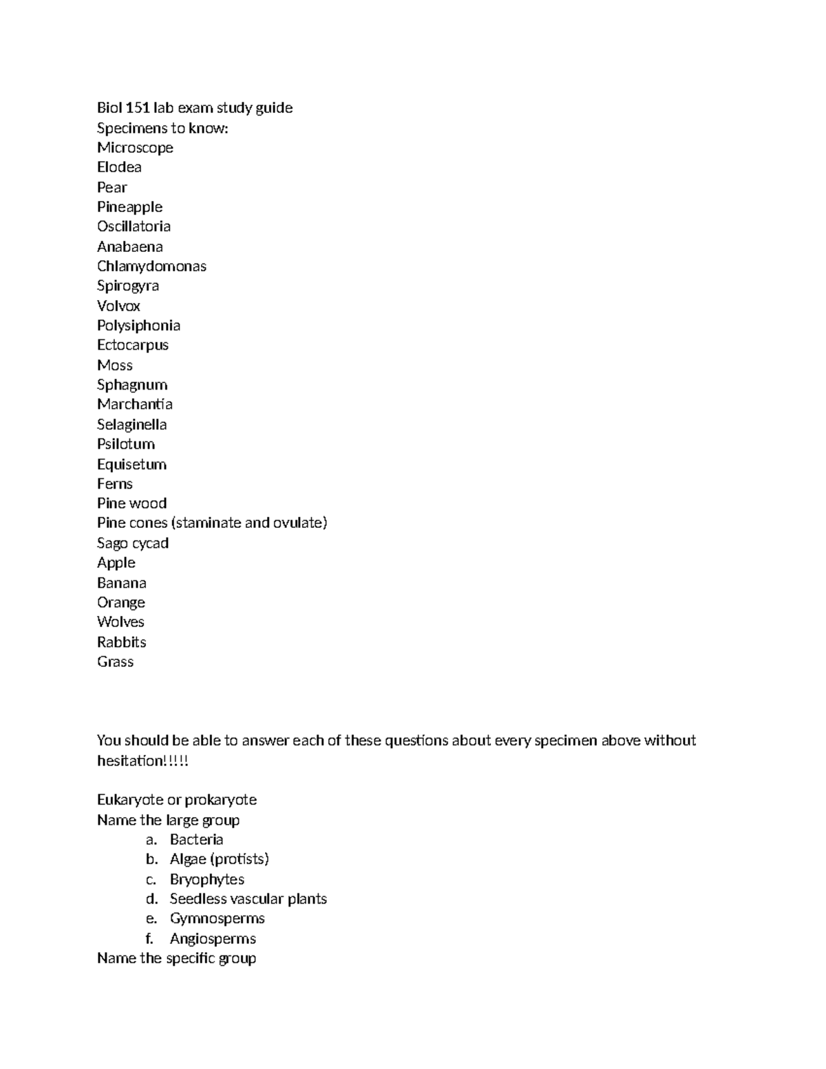 Biol 151 Lab Exam Study Guide: Key Specimens and Groups - Studocu