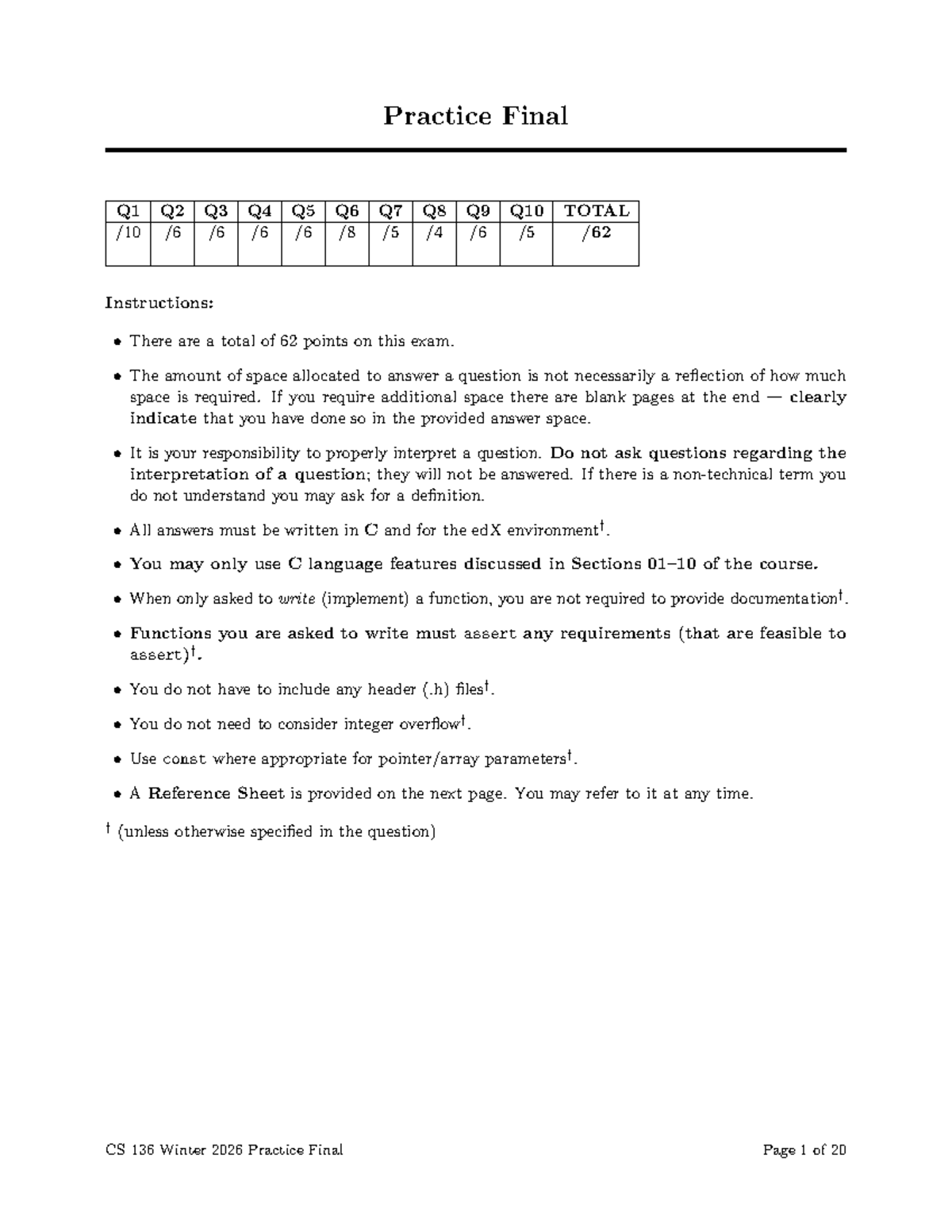 CS 136 Winter 2026 Practice Final Exam Questions and Instructions - Studocu