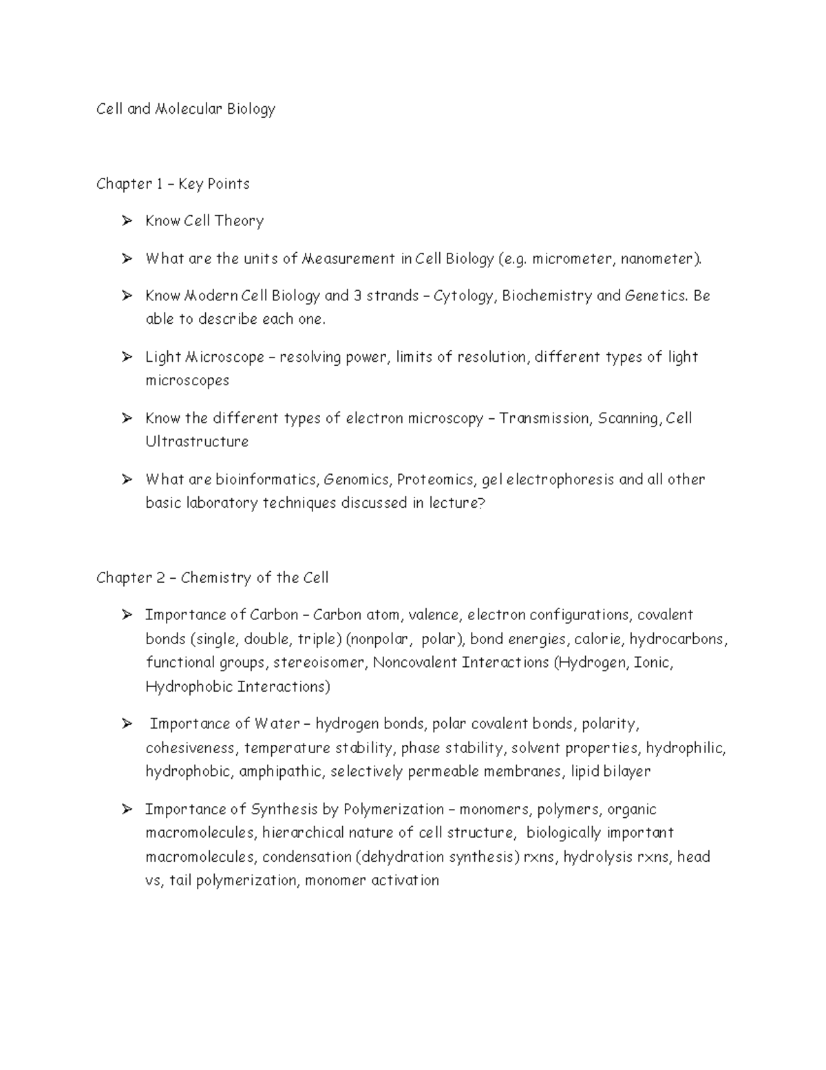 Cell and Molecular Biology Key Points: Chapters 1 & 2 Overview - Studocu