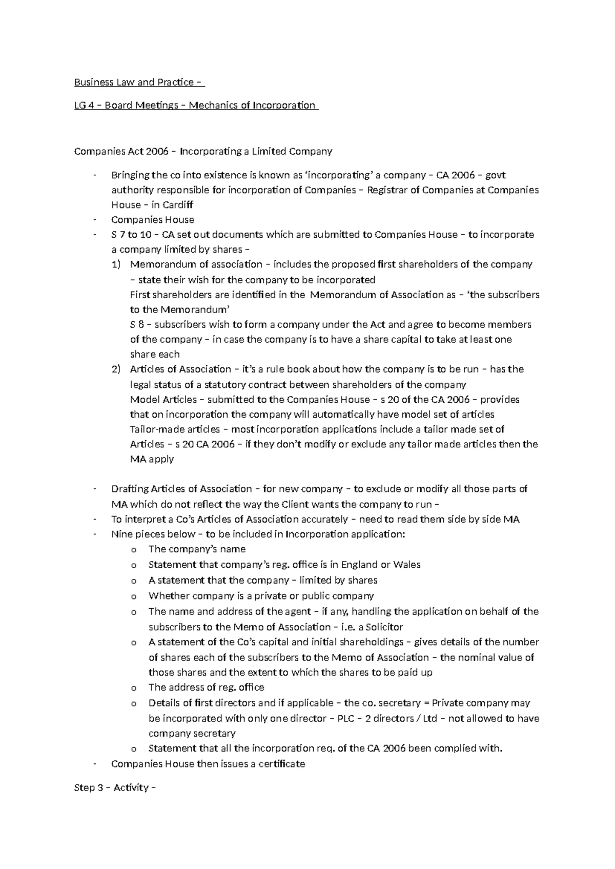 BLP - Week 2 - Notes (Print) - WS 2 – Separate Legal Personality and ...