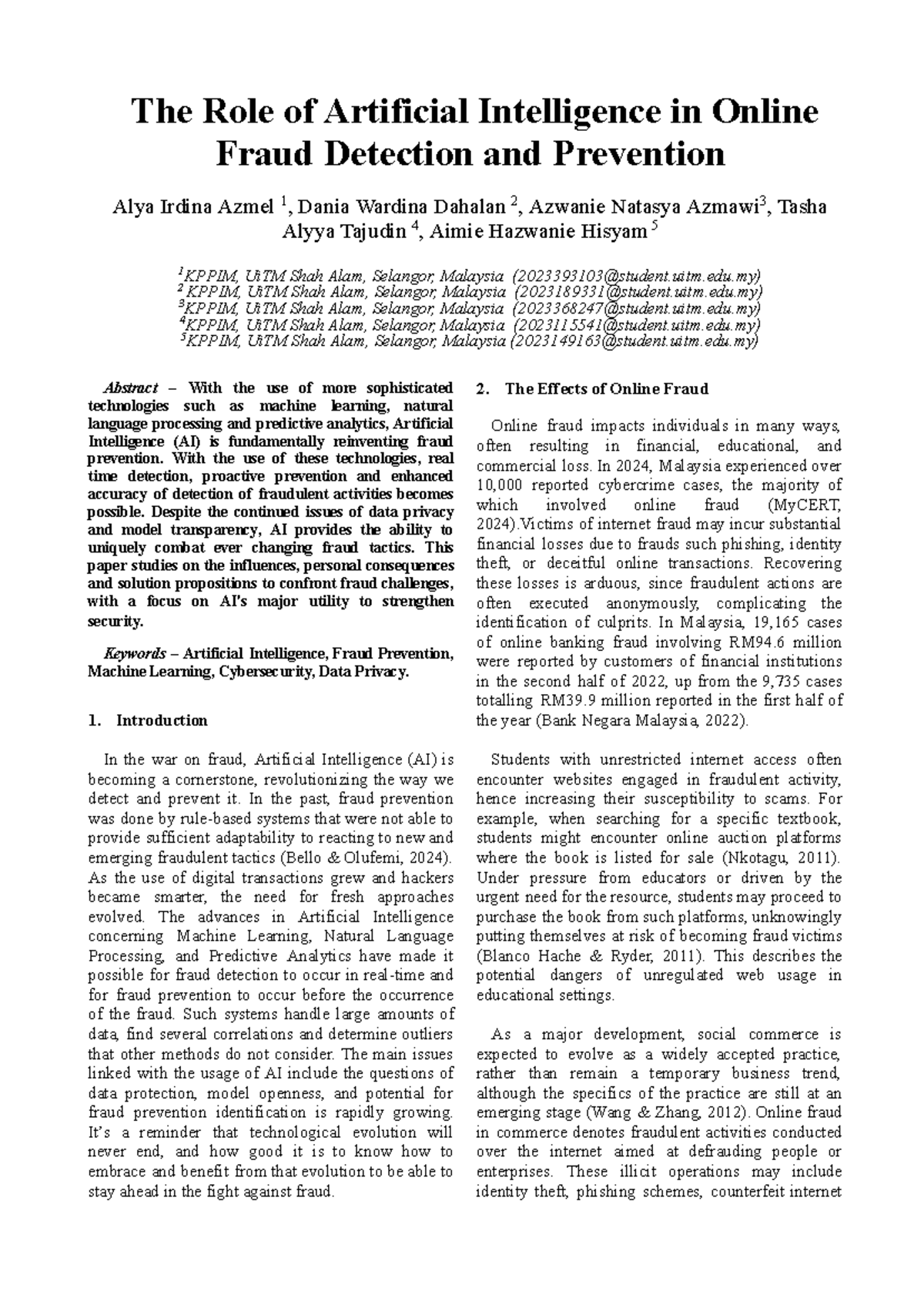 ICT652 Term Paper-Online Fraud - The Role of Artificial Intelligence in ...