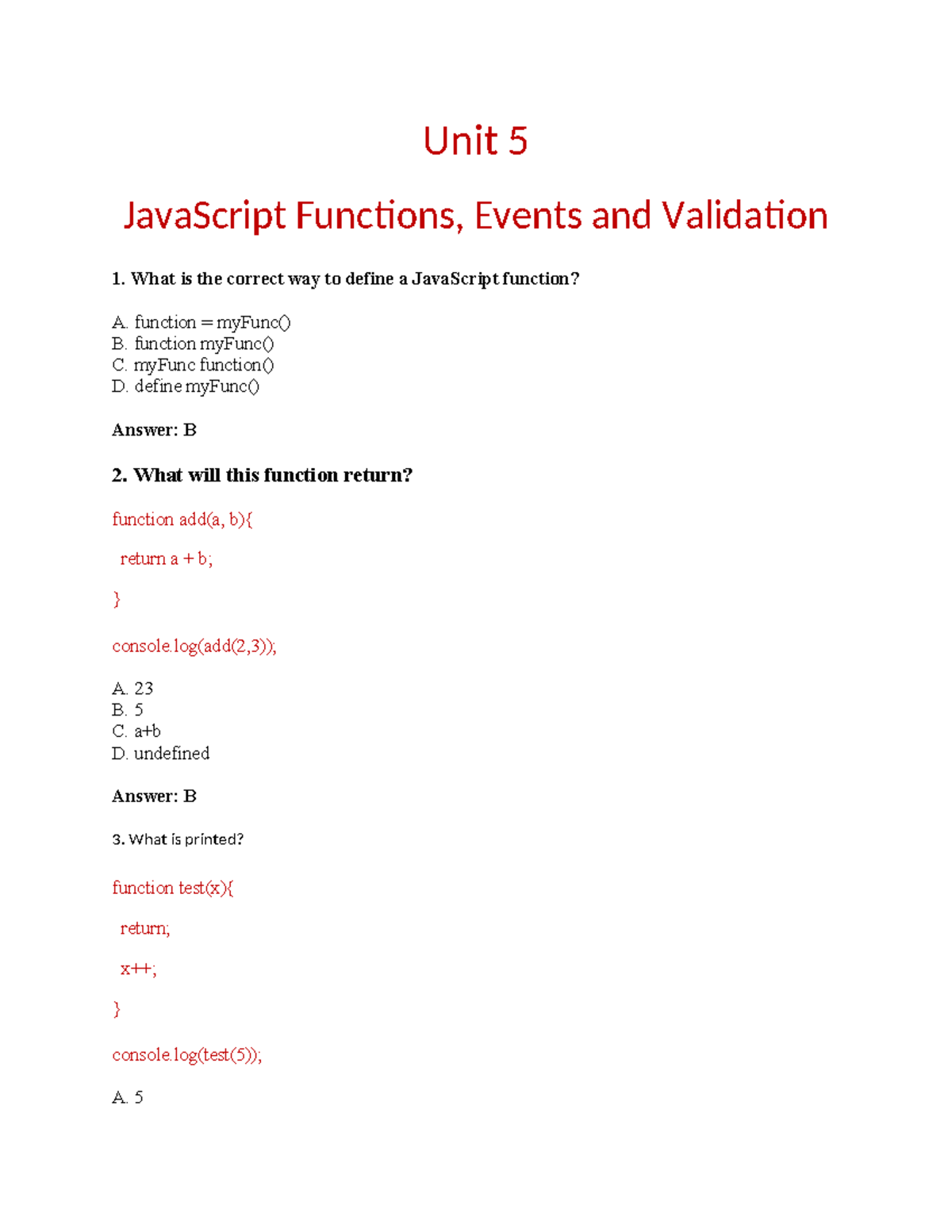 Unit 5 MCQ - JavaScript Functions, Events & Validation - Studocu
