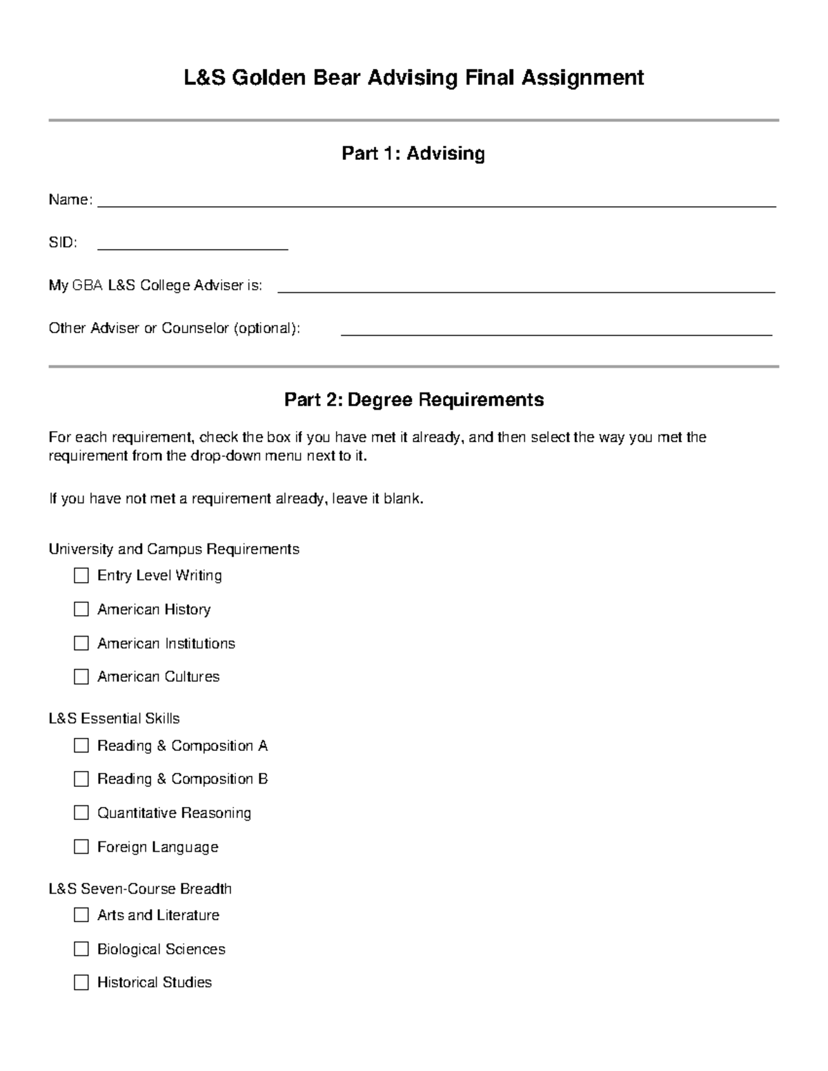 GBA 101 Final Assignment: Advising & Degree Requirements - Studocu