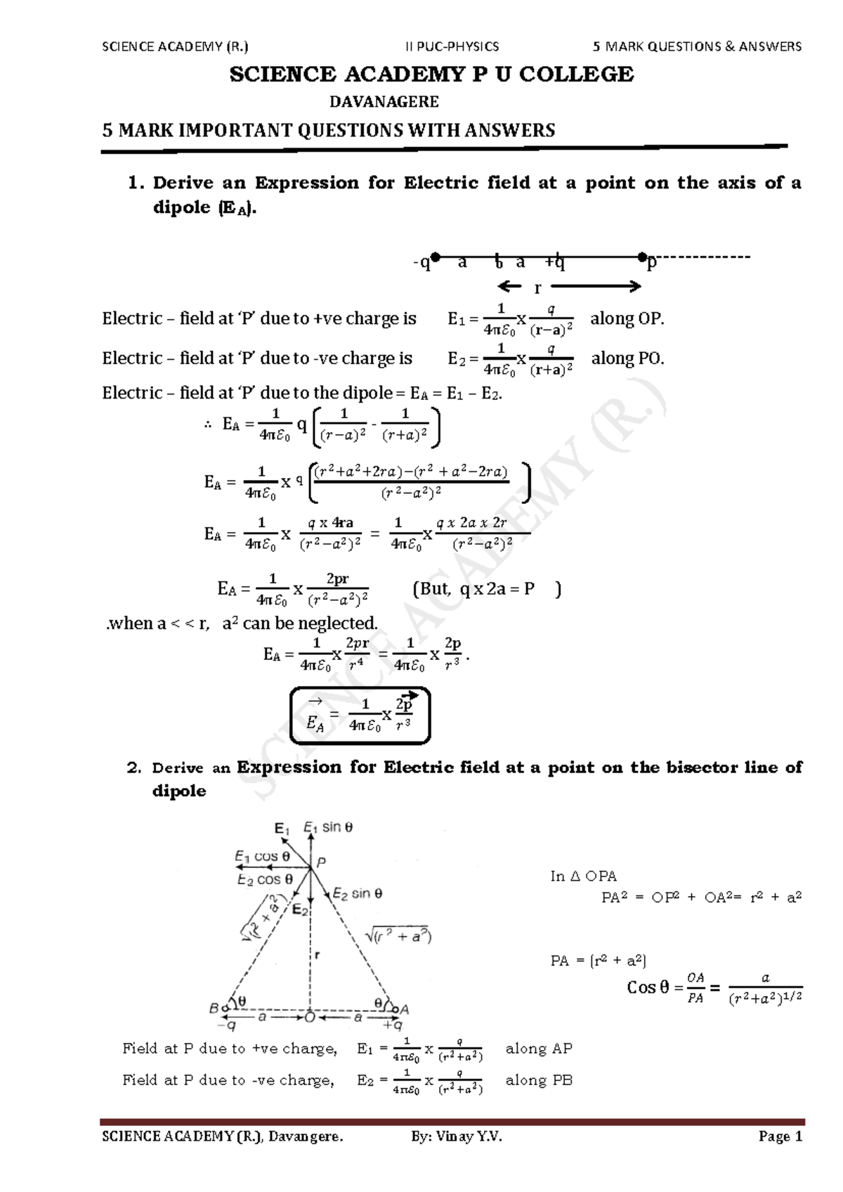 Phy 5 marks Imp ques with answers 1 - SCIENCE ACADEMY P U COLLEGE ...