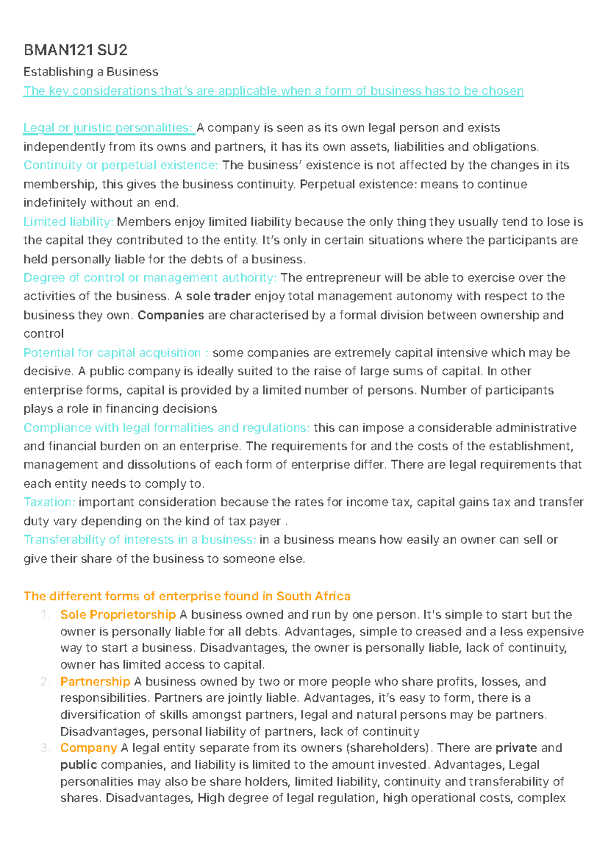 BMAN121 SU2 Study Notes on Business Entity Considerations - Studocu
