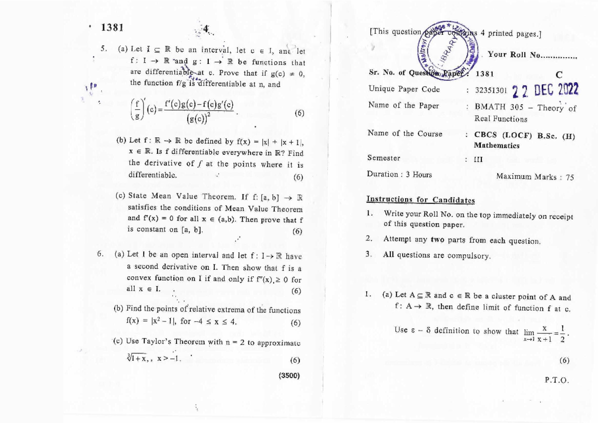 PYQ trf 2022 - pyq trf mathematics hons du 2022 - 1381 4 question, (a ...