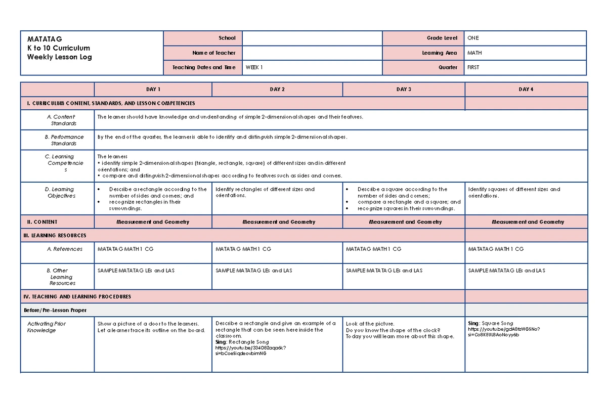 Makabansa 1 Q1 W1 Matatag Lesson Plan and Curriculum Guide - Studocu