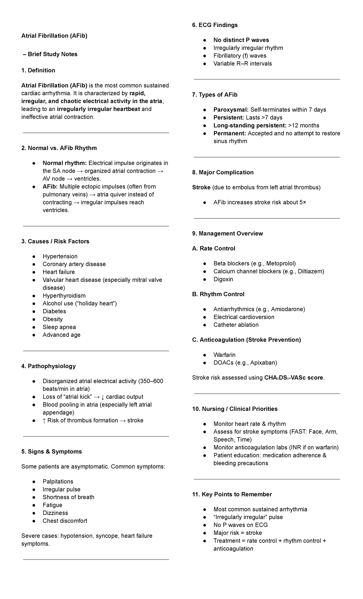 Atrial Fibrillation (AFib) - Comprehensive Study Notes - Studocu