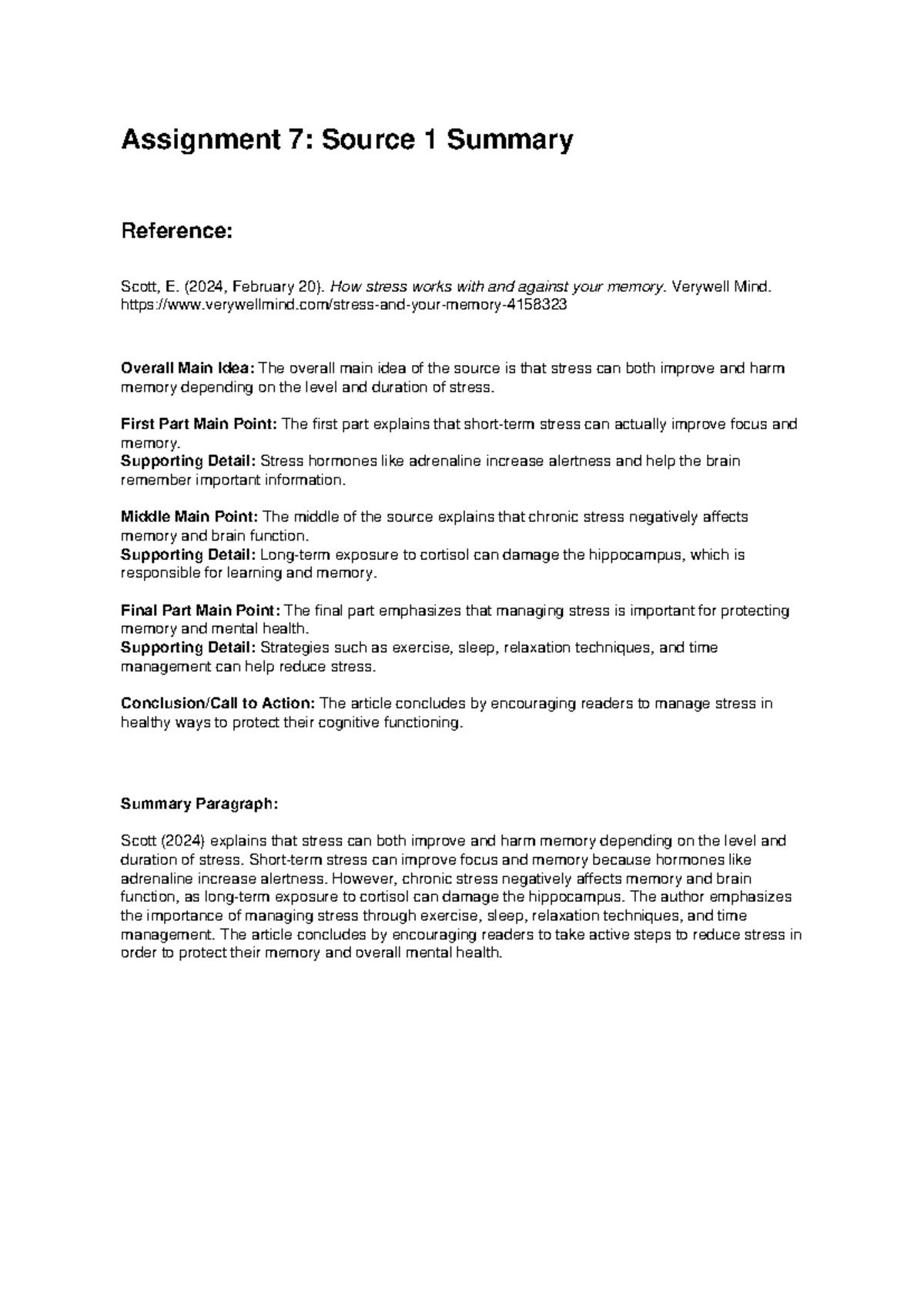 Assignment 7: Summary of Scott's Article on Stress & Memory - Studocu