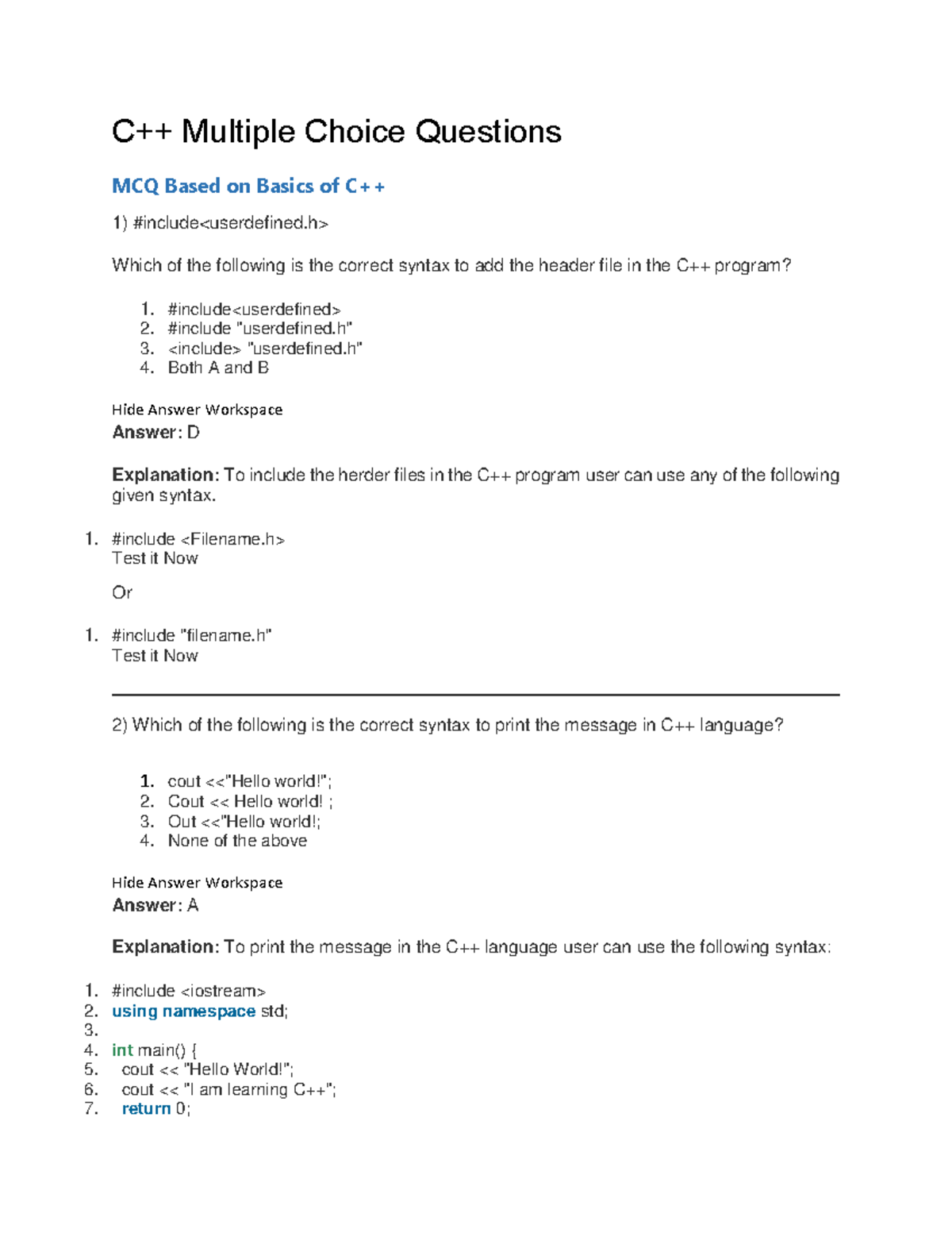 C++ 2 - Quiz on MCQs for Basics and Arrays - Studocu