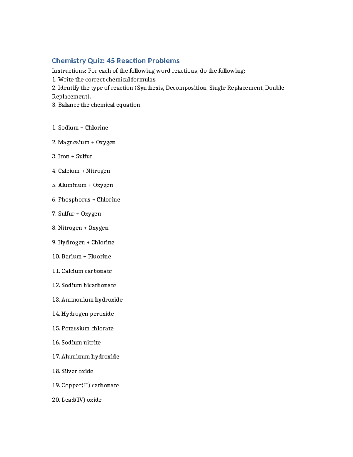 Chemistry Quiz: 45 Reaction Problems & Solutions - Studocu