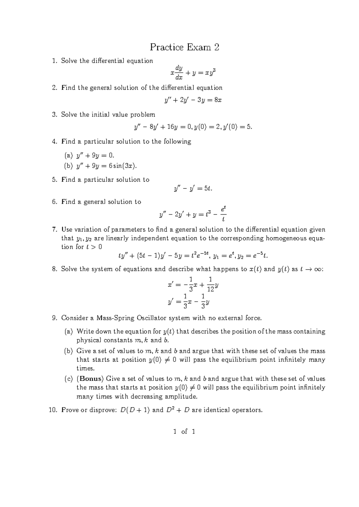 Midterm 2 Practice: Differential Equations Solutions and Problems - Studocu