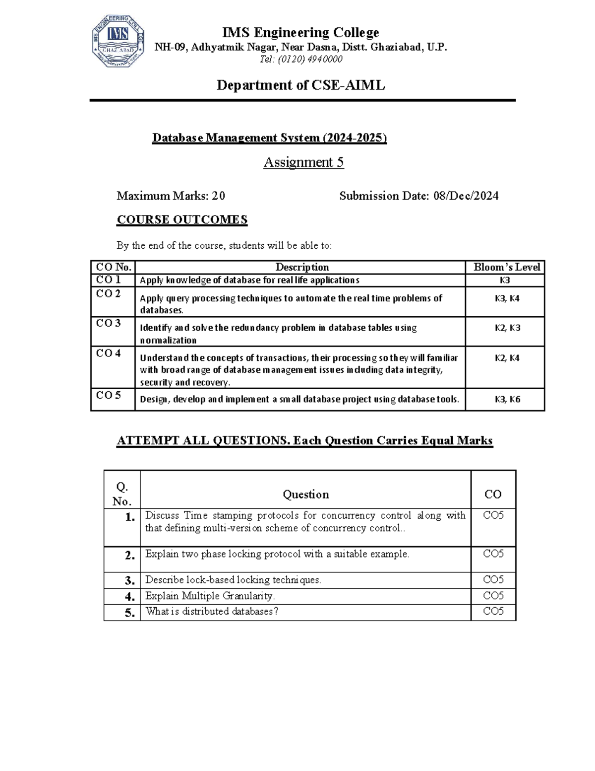 4102024 1031 AIML DBMS Assignment 5 - IMS Engineering College NH-09 ...