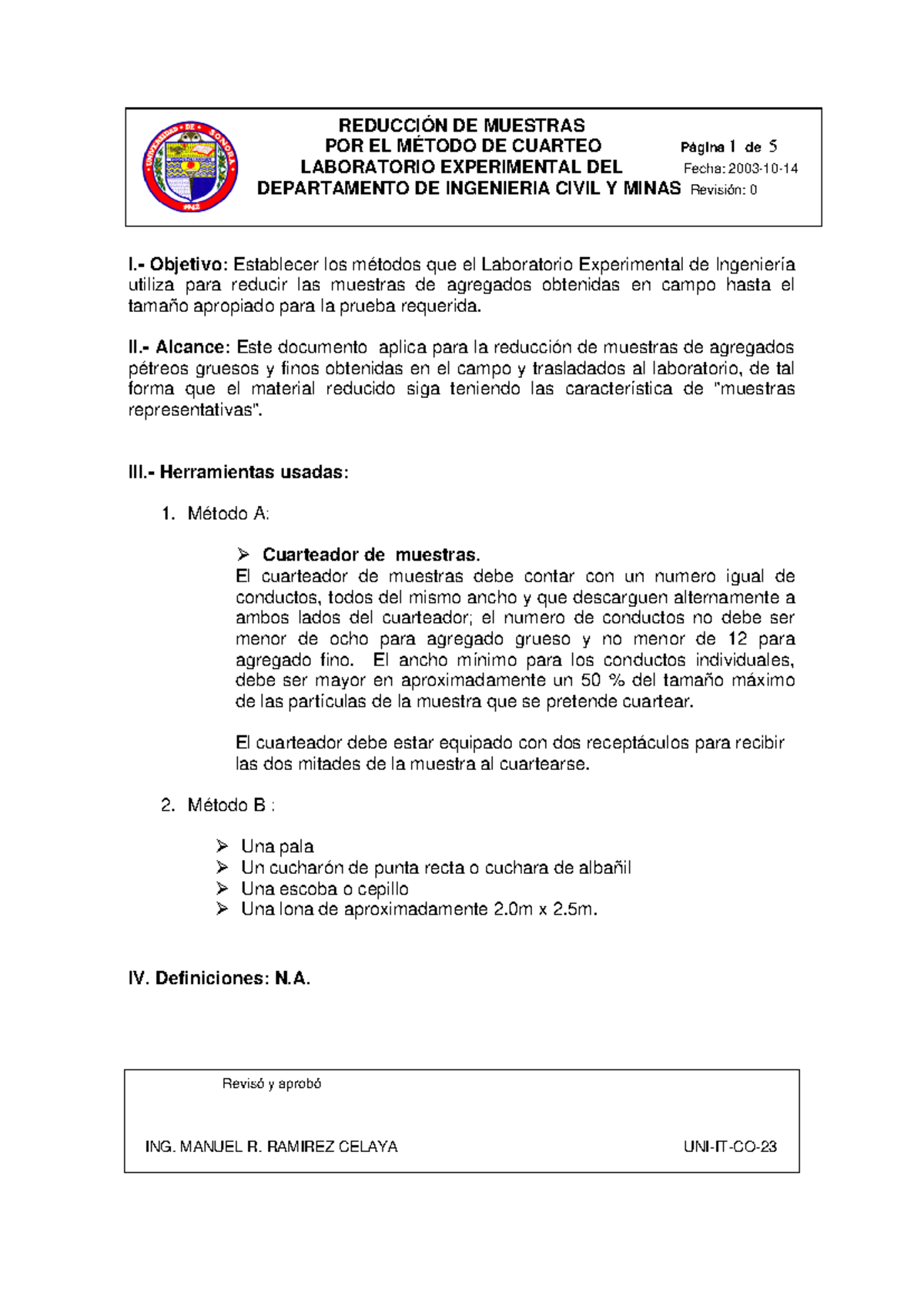 UNI-IT-CO-23 Reducción de Muestras de Agregados por Cuarteo - Studocu