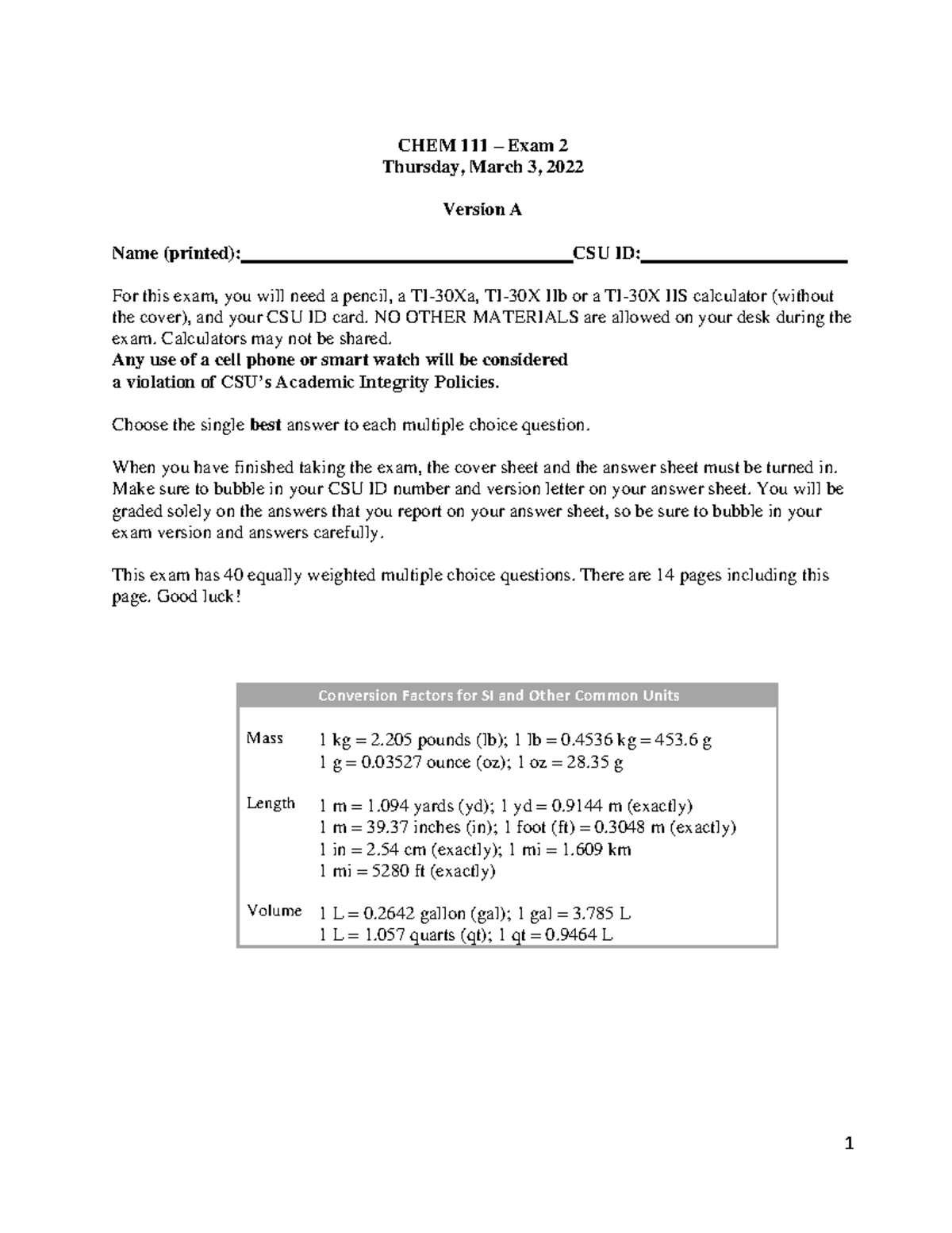 CHEM 111 - Exam 2 S2022 Key & Review of Format and Content - Studocu