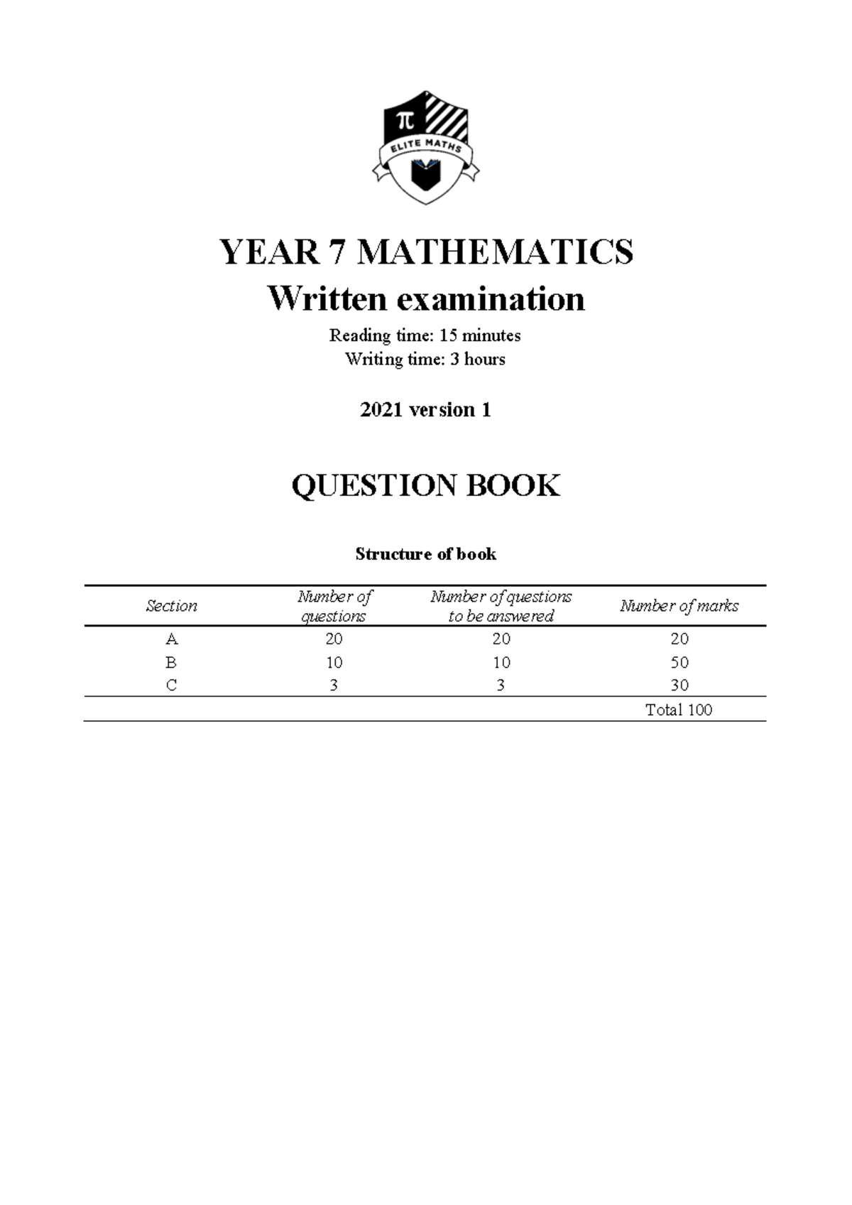 Year 7 Mathematics Sample Exam 2021 - Comprehensive Coverage - Studocu
