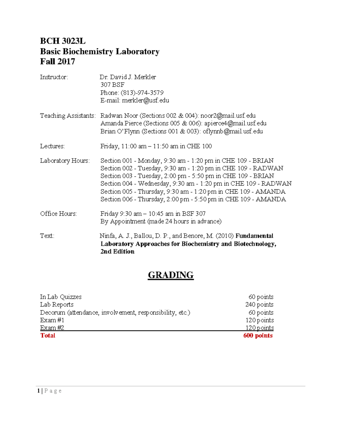 BCH 3023L Fall 2017 Biochemistry Lab Syllabus and Schedule - Studocu