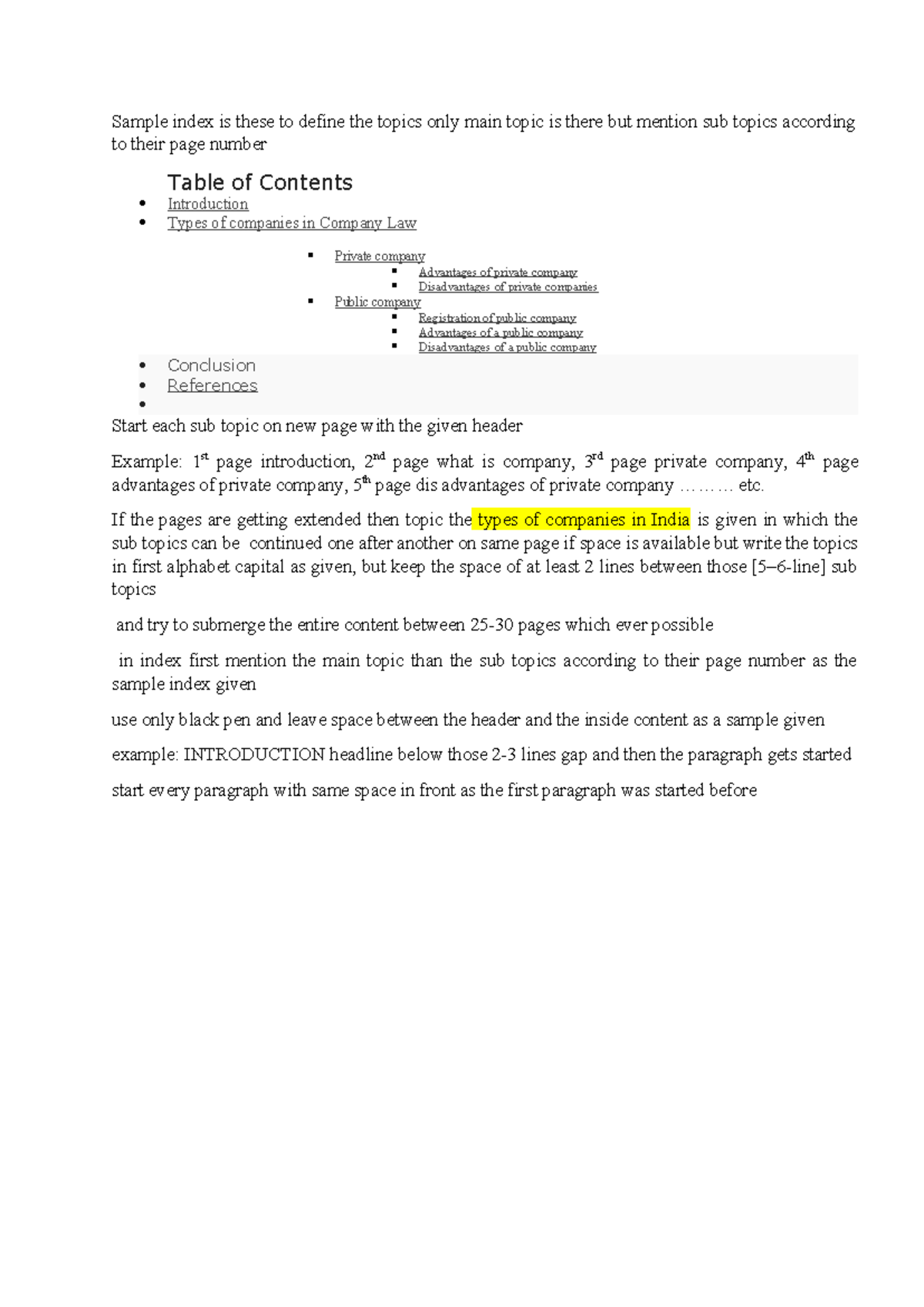 Company law assignment - Sample index is these to define the topics ...