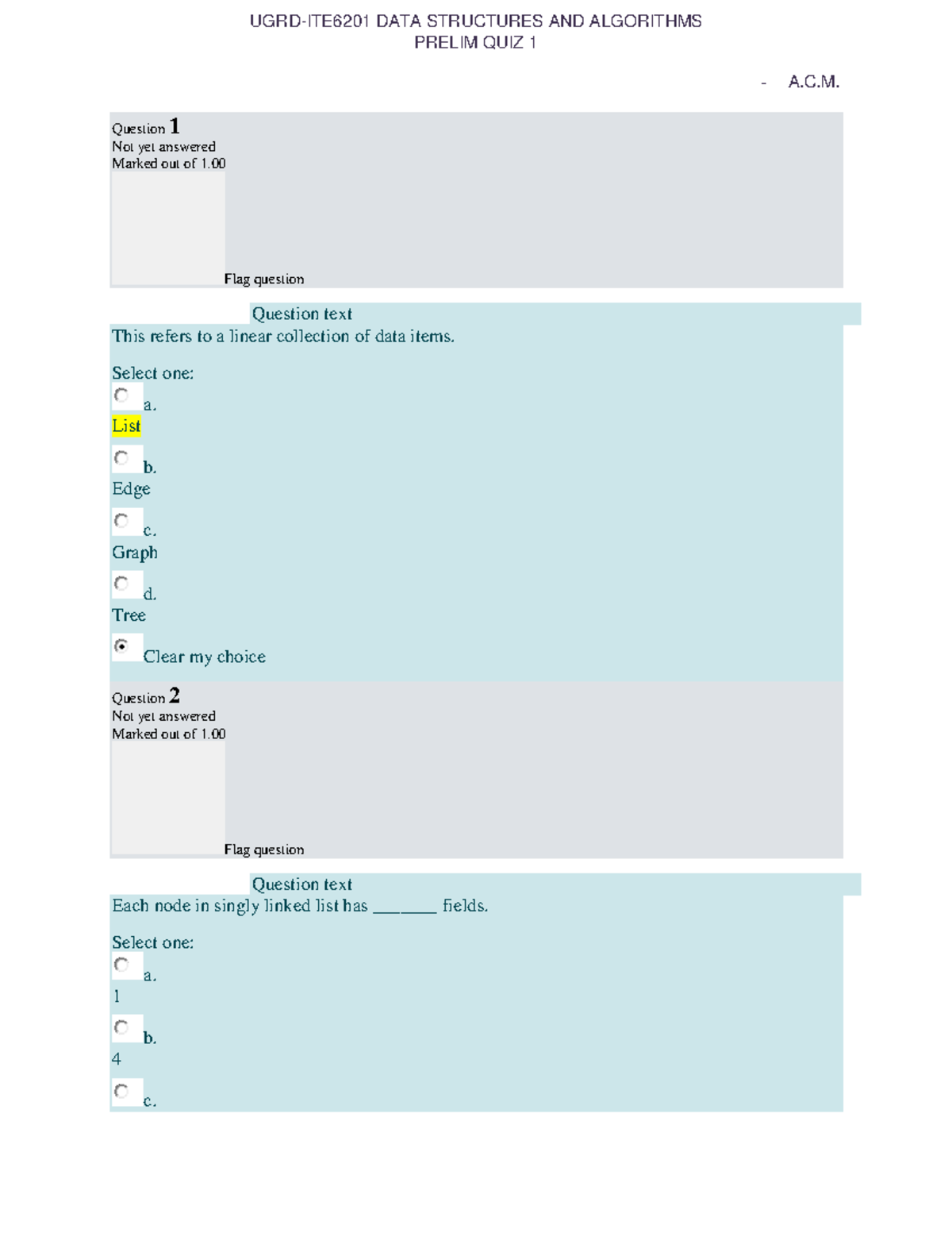 Prelim Quiz 1 - DATA Structures & Algorithms Review - Studocu