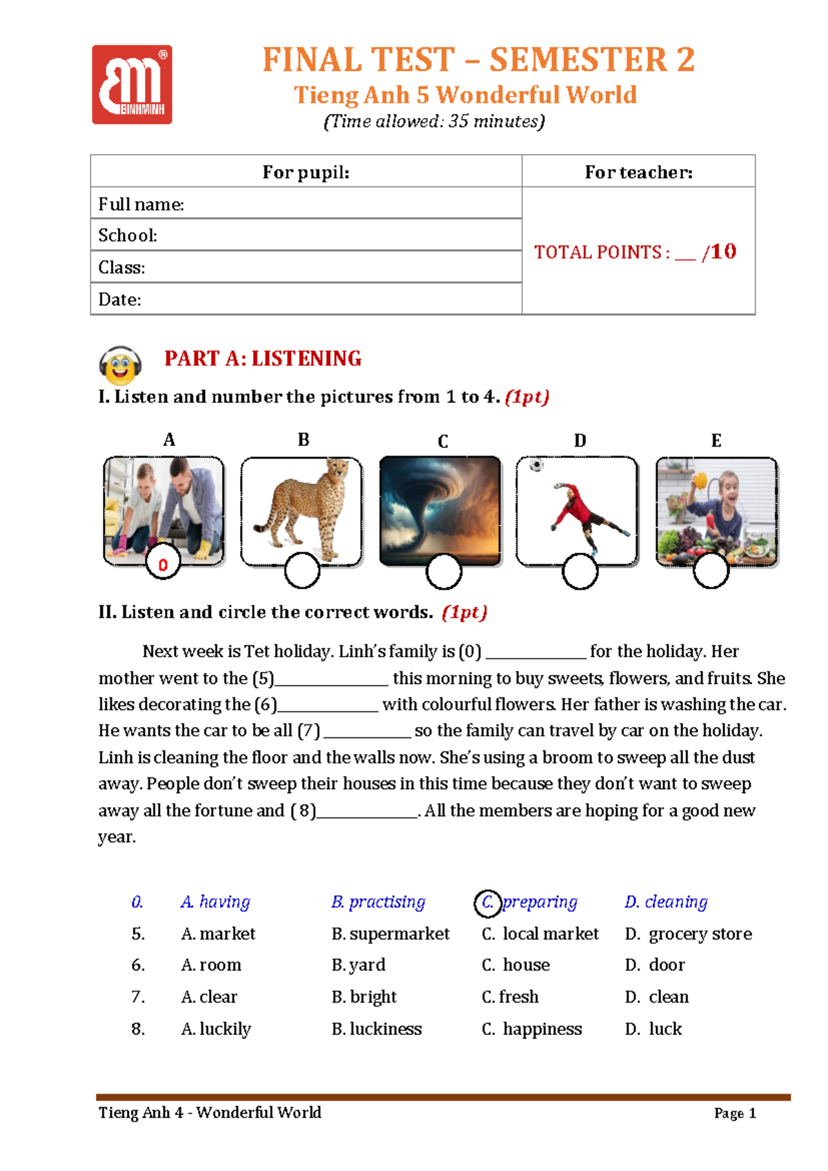TA 5 WW - Final Test - Semester 2 - Listening & Reading - Studocu