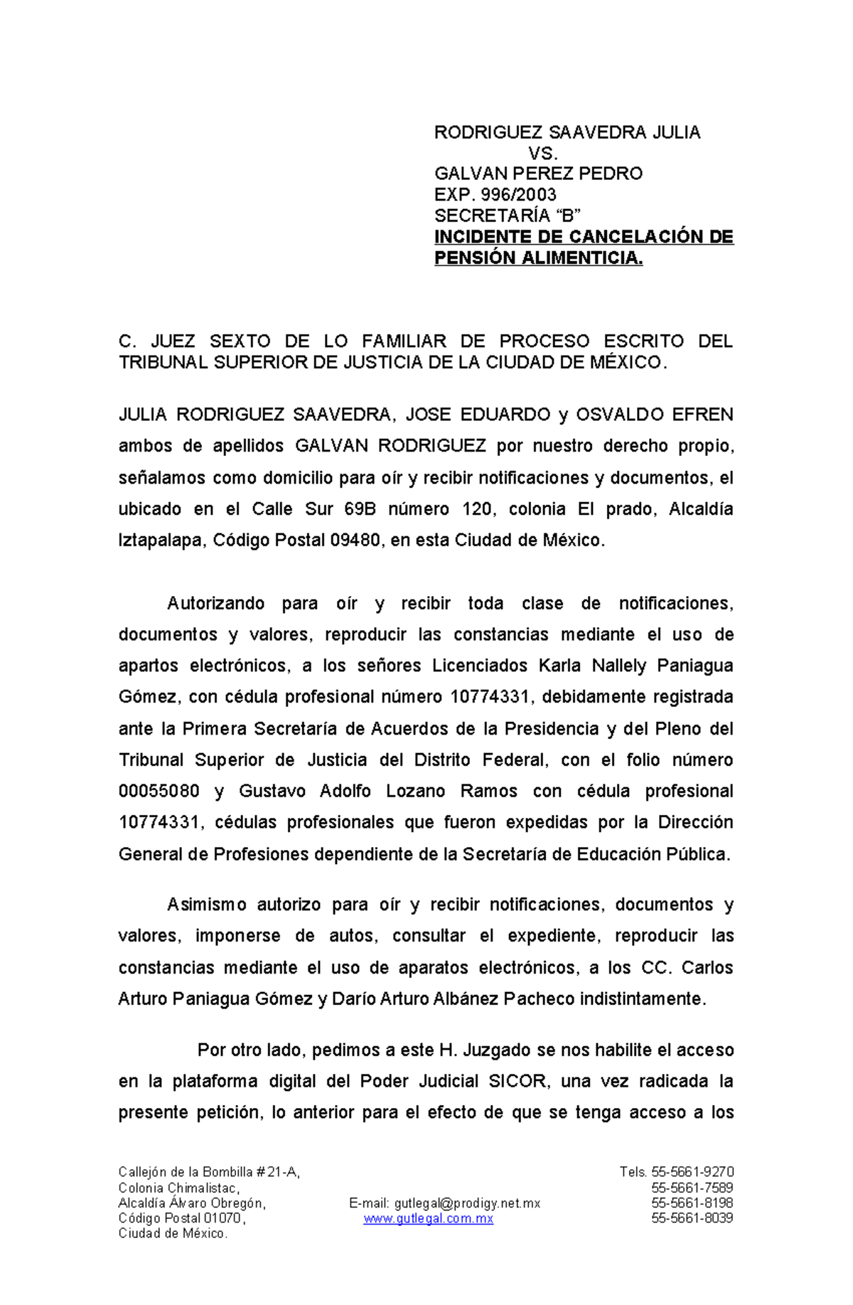 Contestación al Incidente de Cancelación de Pensión Alimenticia - Exp