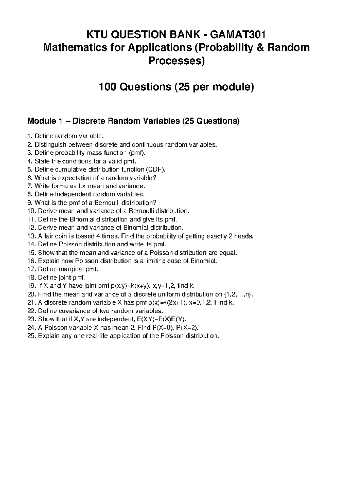 KTU GAMAT301 100 Question Bank on Probability & Random Processes - Studocu