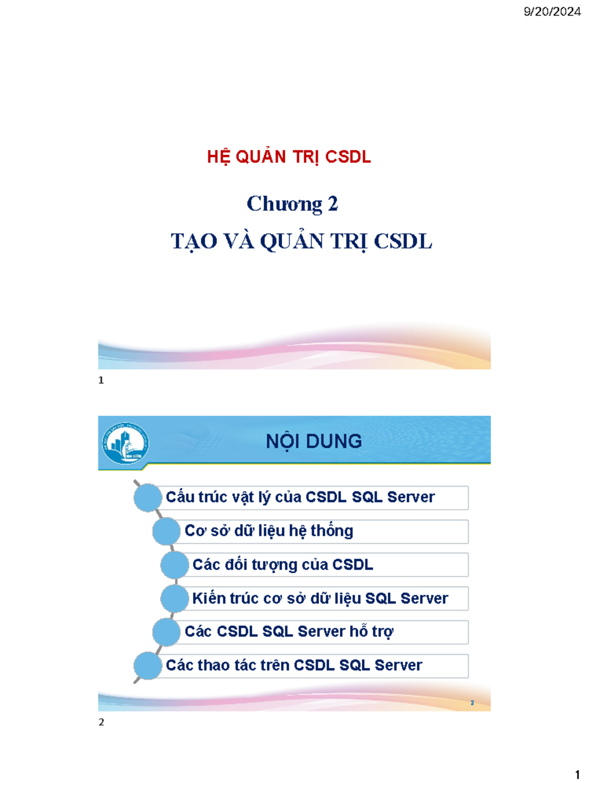 Chương 02: Tạo và Quản Trị CSDL trong SQL Server - Studocu