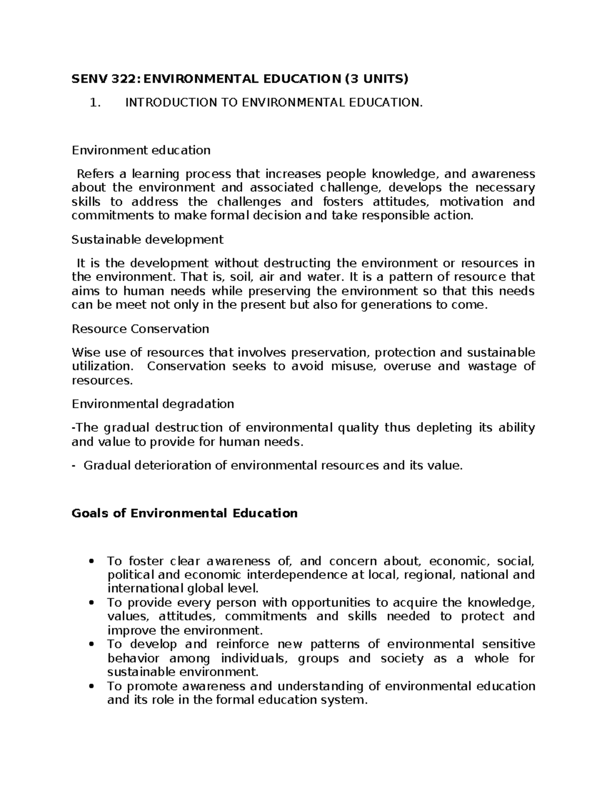 SENV 322 topic 1 and 2 - 3rd year - SENV 322: ENVIRONMENTAL EDUCATION ...