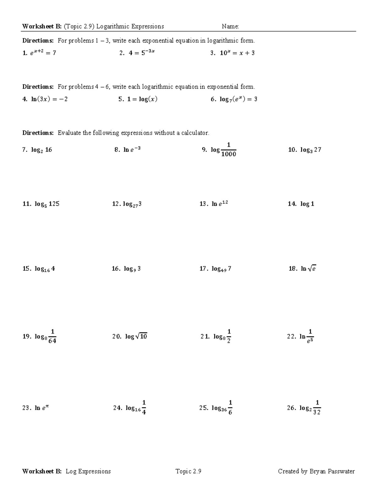Worksheet B: Topic 2.9 Logarithmic Expressions and Evaluations - Studocu