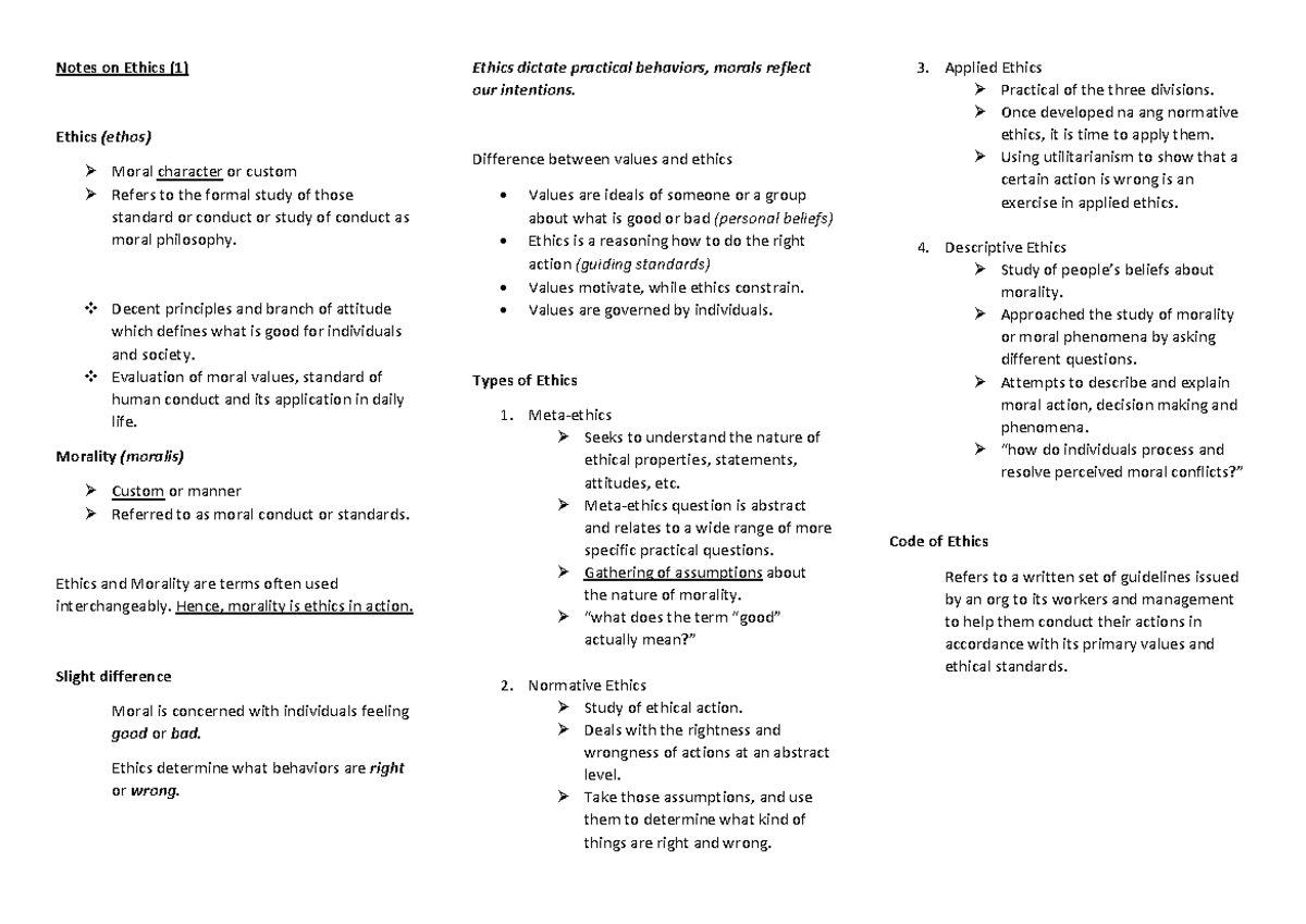 Ethics Notes - Understanding Morality and Its Applications - Studocu