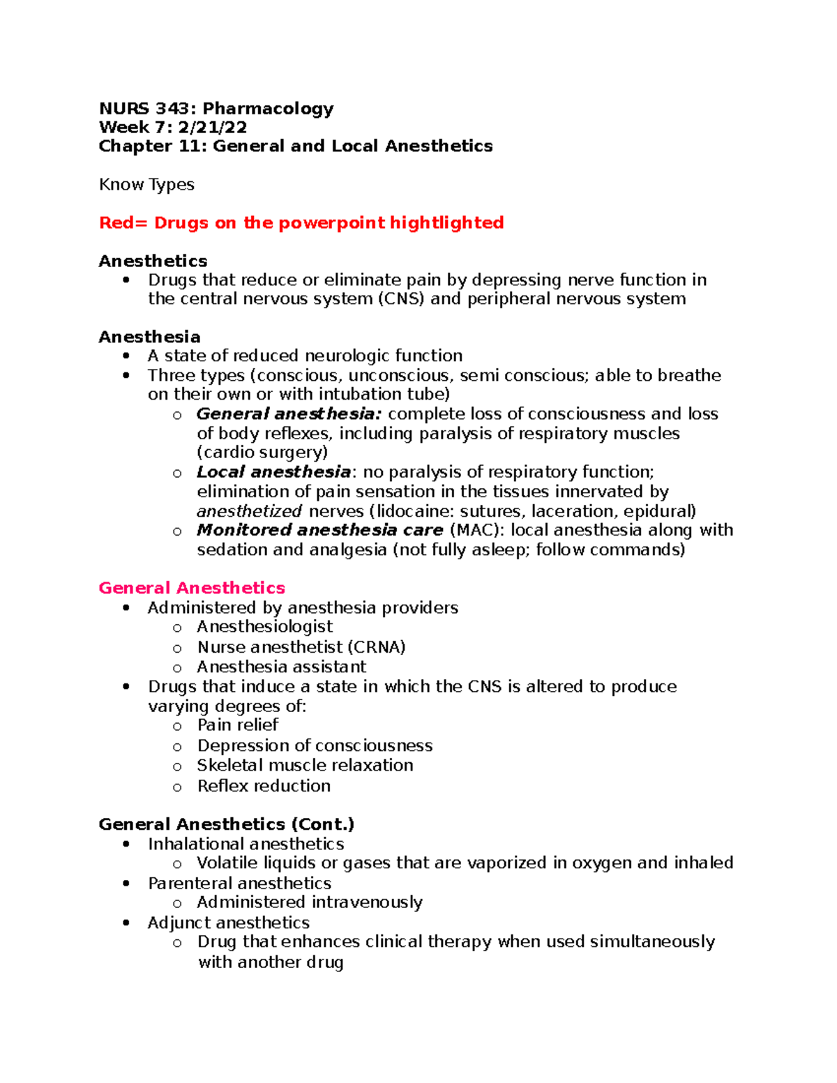 NURS 343: Chapter 11 - Overview of General & Local Anesthesia - Studocu