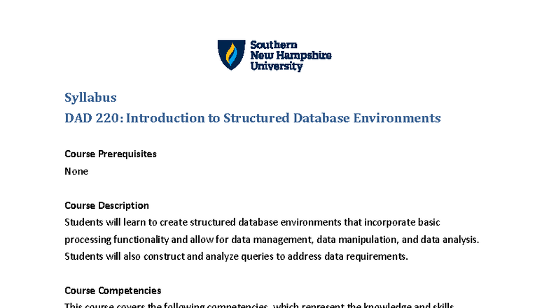 DAD 220 Syllabus: Introduction to Structured Database Environments ...