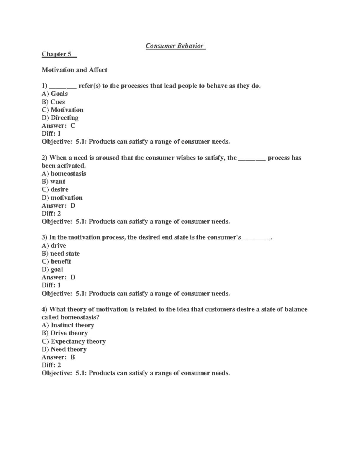 Testbank Ch 5 Insights Into Consumer Behavior Motivation Studocu