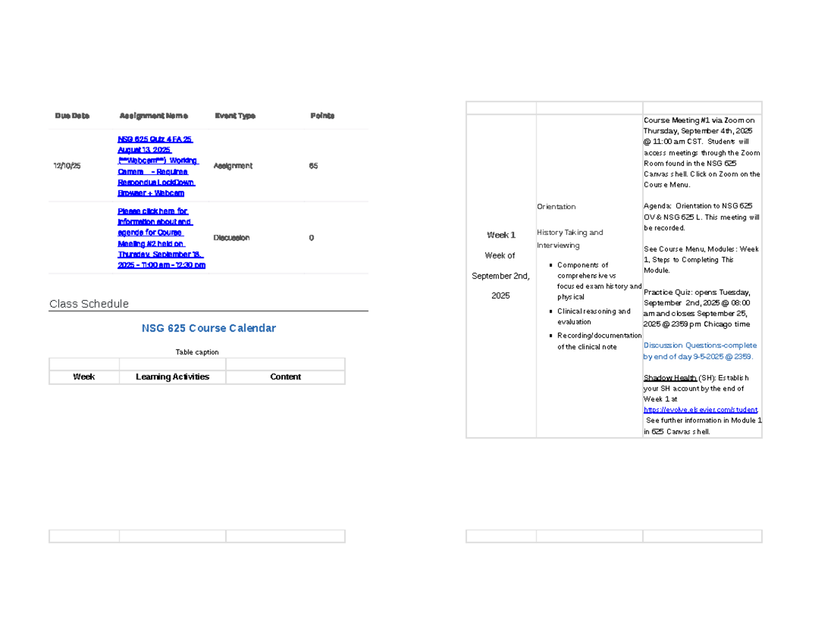 NSG 625 Class Schedule & Important Dates for Fall 2025 - Studocu