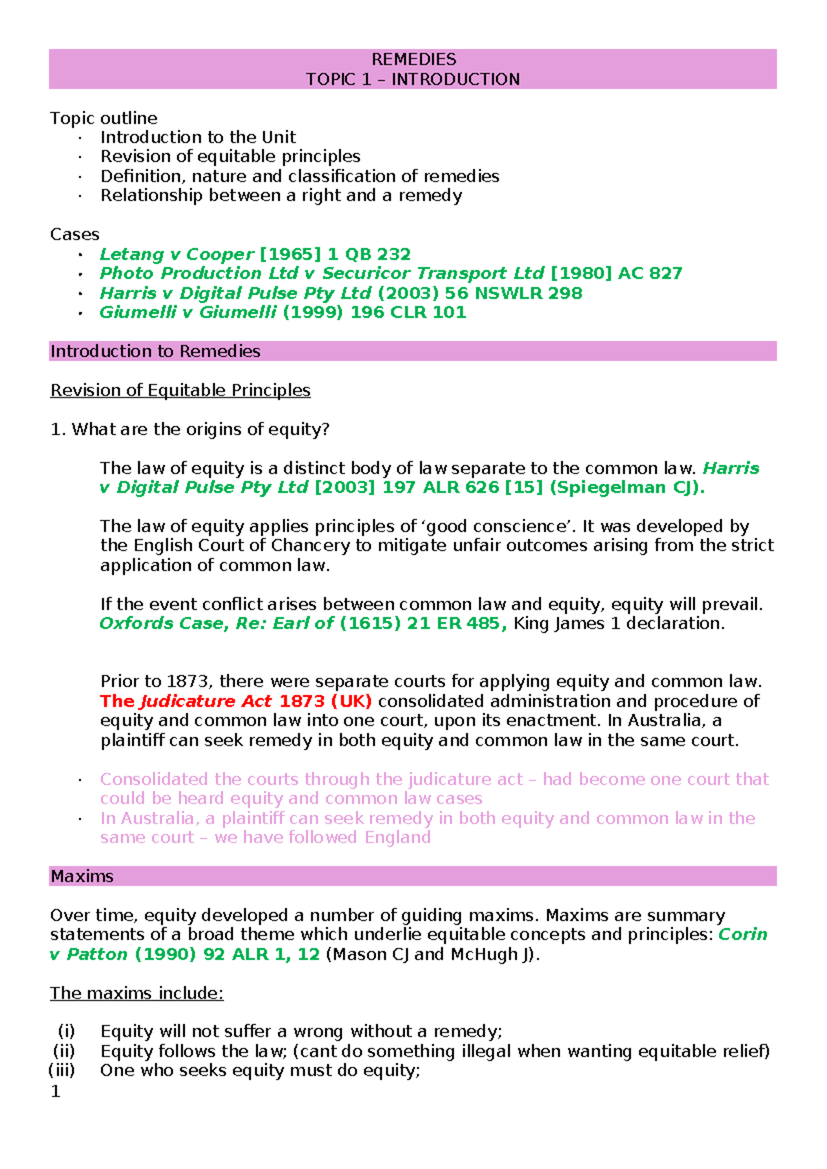 Remedies Overview and Key Principles - LAWS 101 Final Exam Notes - Studocu