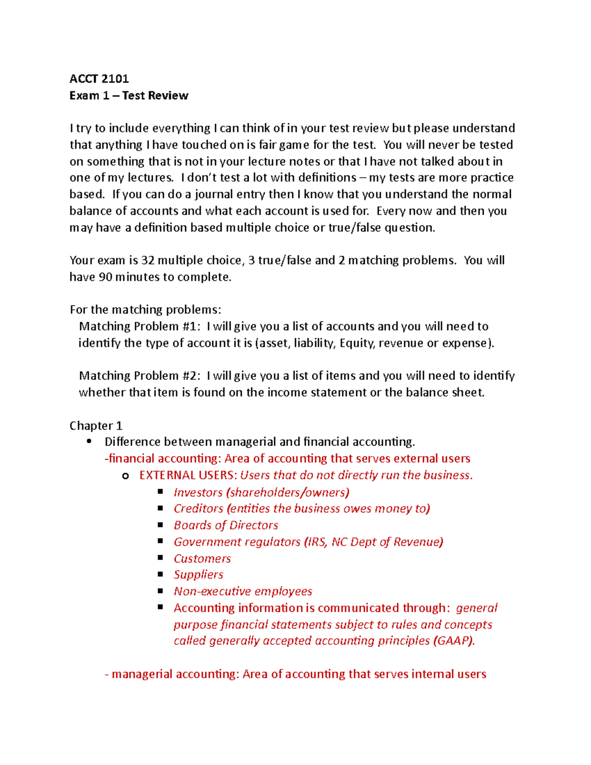 ACCT 2101 Exam 1 Review: Key Concepts & Accounting Principles - Studocu