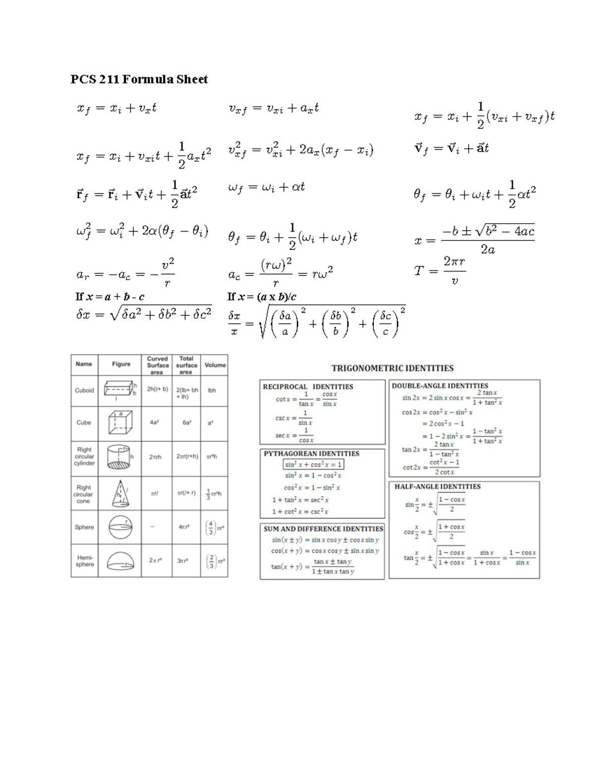 PCS 211 Formula Sheet - physics - PCS 211 Formula Sheet If x = a + b ...
