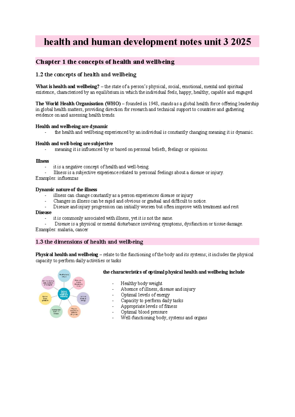 Health and Human Development Notes Unit 3 2025: Concepts of Health and ...