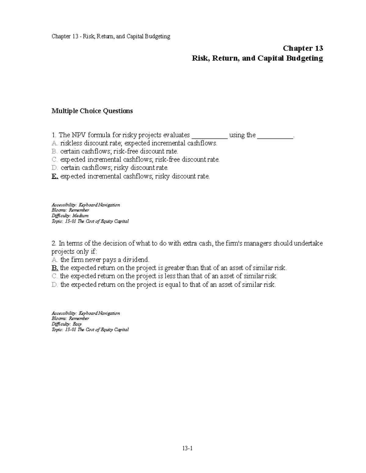 Test Bank for Chapter 13: Risk, Return, and Capital Budgeting - Studocu