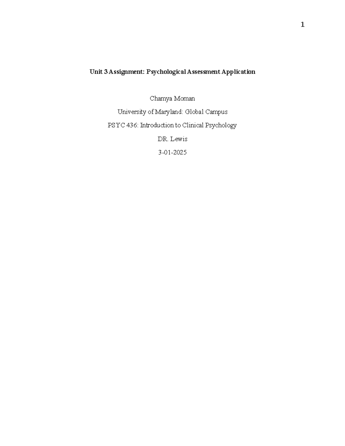 Unit 3 Assignment: Psychological Assessment Case Study PSYC 436 - Studocu