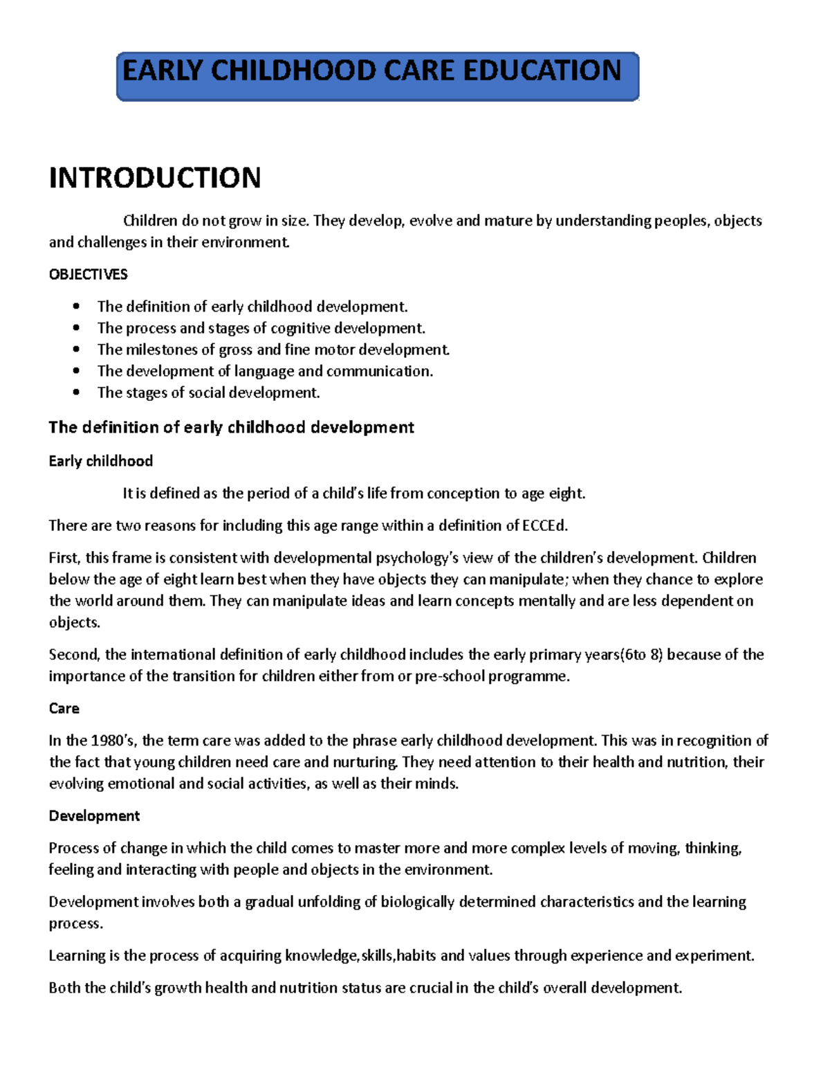 Early Childhood CARE Education Overview and Development Stages - Studocu