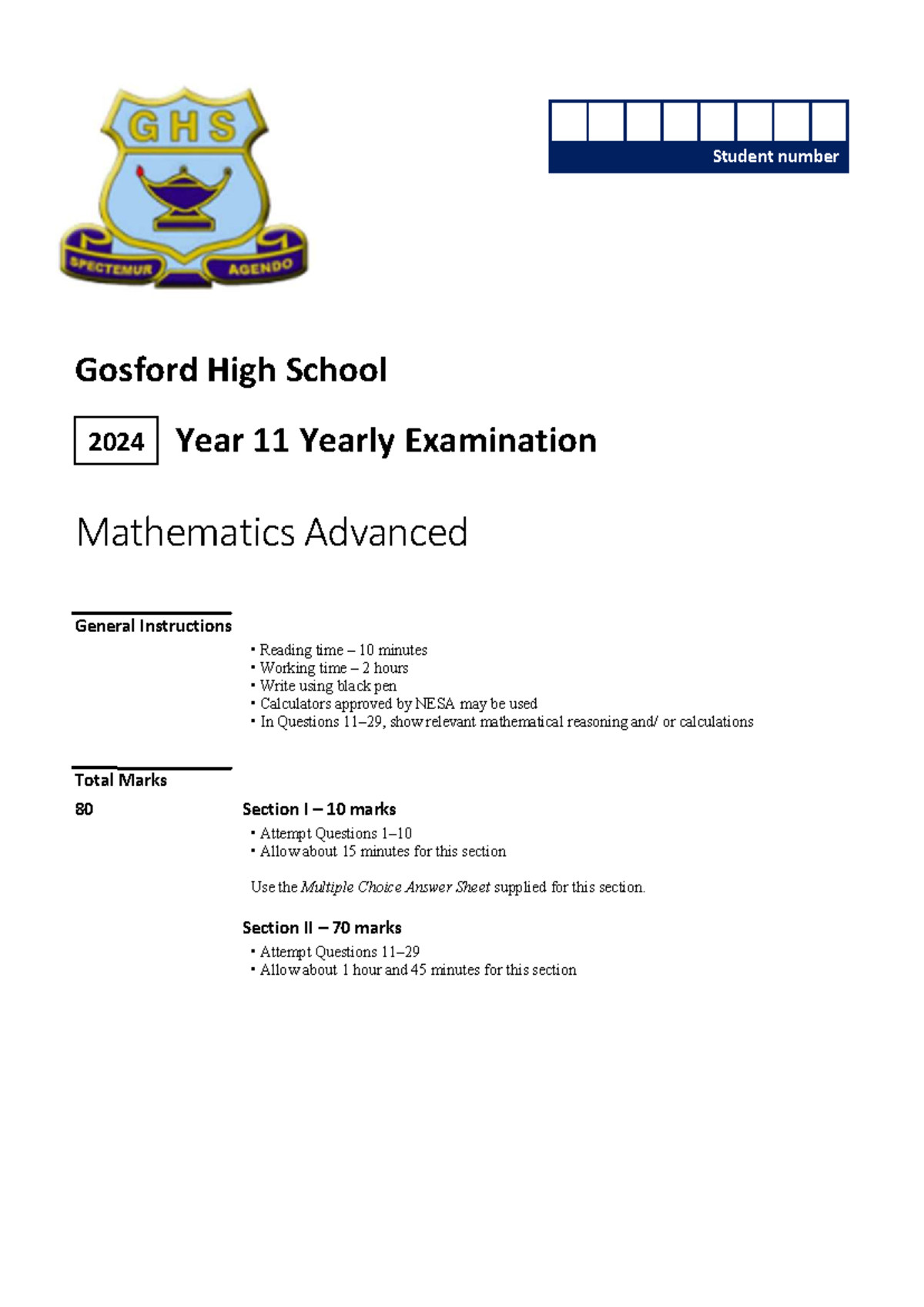 2024 Y11 Mathematics Advanced Yearly Exam Instructions and Questions ...
