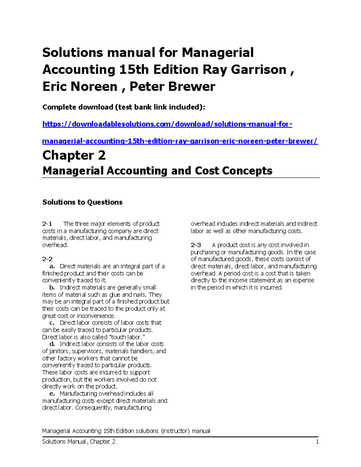 Solutions Manual for Managerial Accounting 15th Ed. by Garrison, Noreen ...