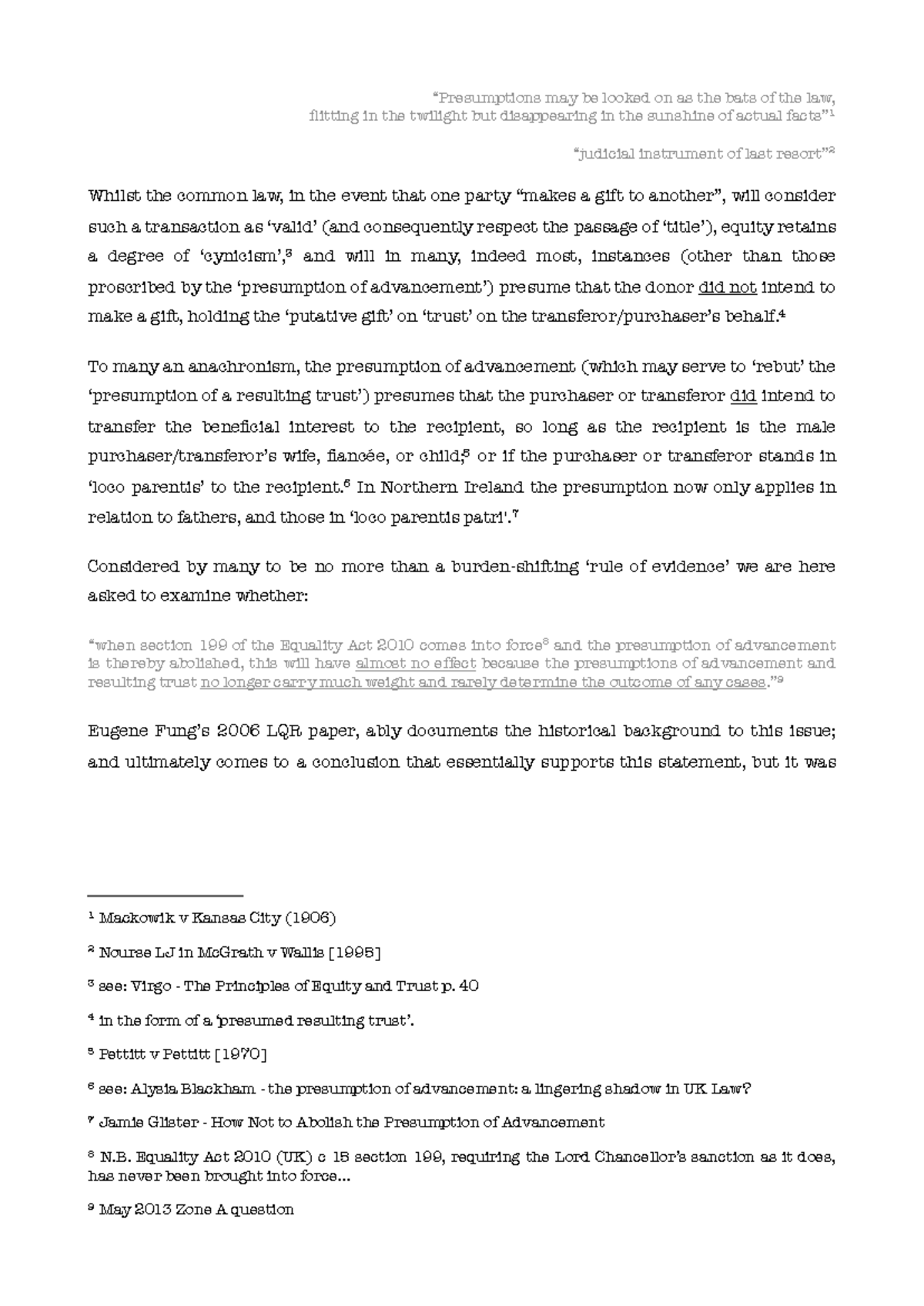 Equity & Trusts - Presumption of Advancement Essay Analysis - Studocu