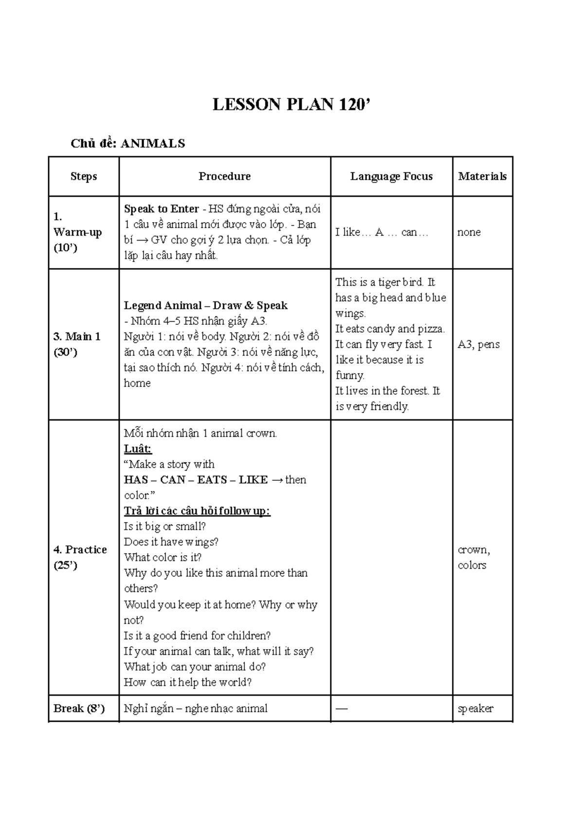 LESSON PLAN: ANIMALS - Engaging Activities for Students - Studocu