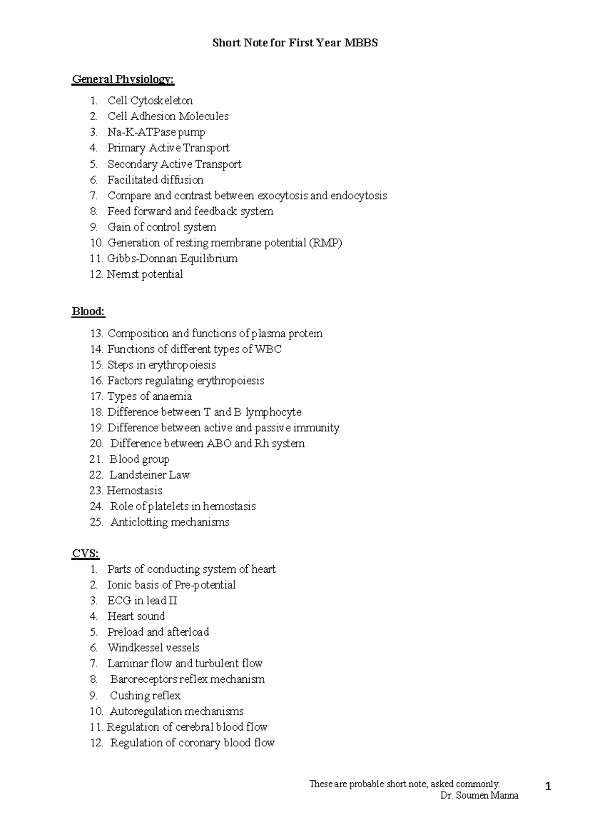 MBBS Year 1: Key Physiology Short Notes by Dr. Soumen Manna - Studocu