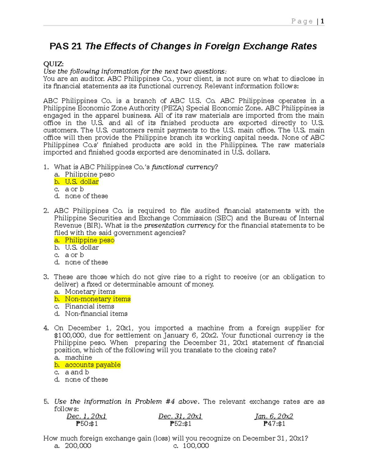 44843597 - Quiz on PAS 21: Effects of Changes in Foreign Exchange Rates ...