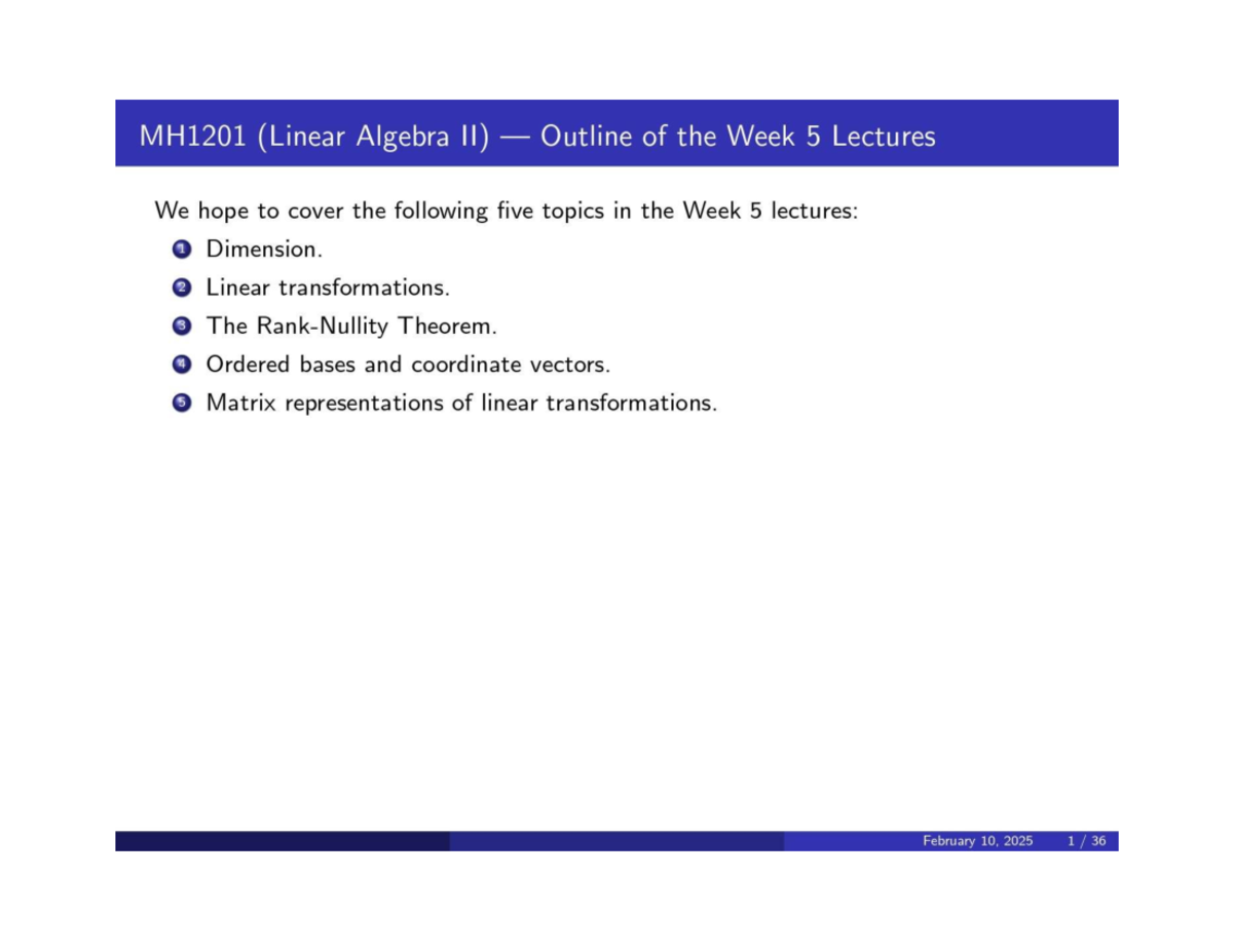 MH1201 (Linear Algebra II) Week 5 Lecture Notes and Topics - Studocu